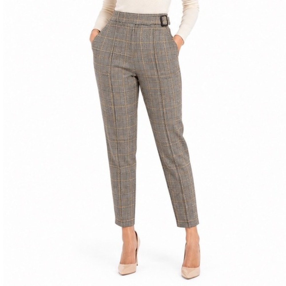 New York & Co 7th Ave Plaid Dress Pants Yellow Gray Tapered 12 Winter Chic 62-17